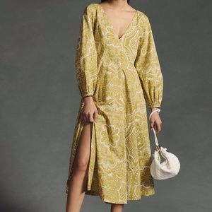 By Anthropologie Green Floral Long Sleeve V-Neck Pullover Midi Dress Size M
